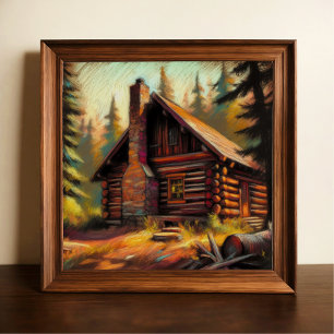 Hard Pastel Drawing of Log Cabin in the Woods Poster
