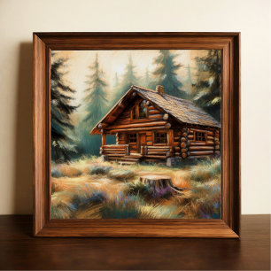Hard Pastel Drawing of Log Cabin in the Woods Poster