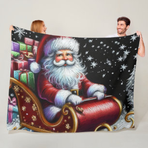 Hard Pastel Drawing Santa in His Sleigh Fleece Blanket