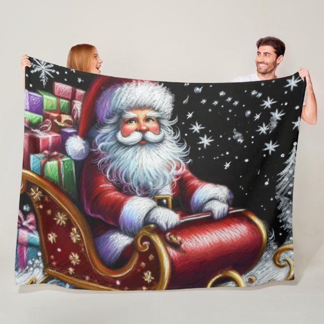 Hard Pastel Drawing Santa in His Sleigh Fleece Blanket (In Situ)