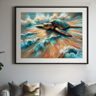 Hard Pastel Drawing Sea Turtle on Beach Poster