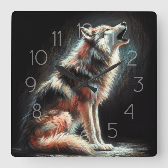 Hard Pastel Drawing Wolf Square Wall Clock (Front)