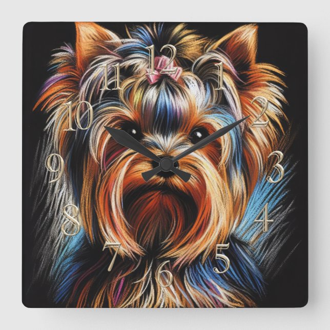 Hard Pastel Drawing Yorkshire Terrier Yorkie Pink Square Wall Clock (Front)