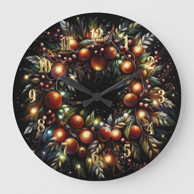 Hard Pastels Drawing Christmas Wreath Fruit Large Clock (Front)