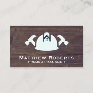 Hardhat Hammers House Logo   Wood Background Business Card