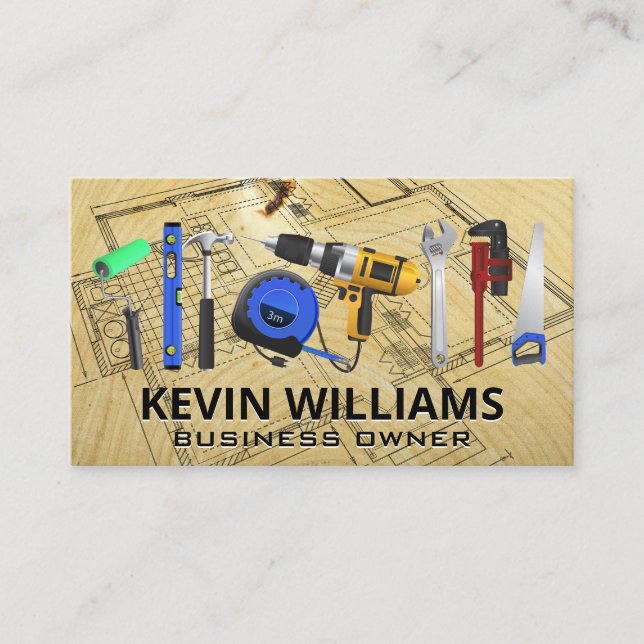 Hardware Tools | Construction Blueprints | Wood Business Card (Front)