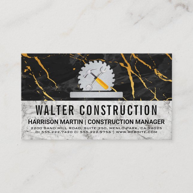 Hardware Tools | Saw | Black Marble | Construction Business Card (Front)
