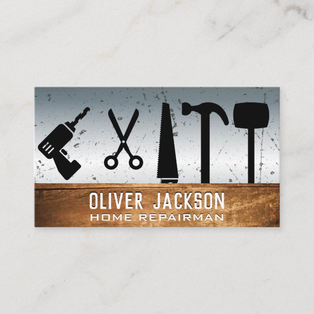 Hardware Tools | Wood Grunge Metal Business Card (Front)