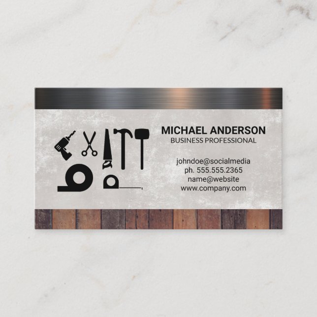 Hardware Tools | Wood Metal Material Business Card (Front)