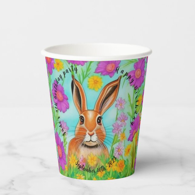 Hare birthday party paper cups, editable text. cups (Front)
