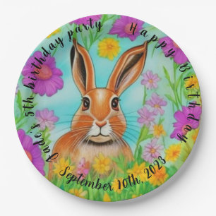 Hare birthday party paper plates, editable text. plate