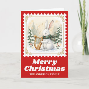 Hare Harp Retro Postage Stamp Christmas Music Holiday Card