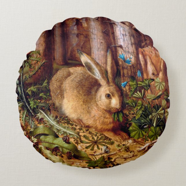 Hare in the Forest Hans Hoffmann Rabbit Painting Round Cushion (Front)