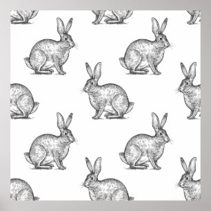 Hare or rabbit. Seamless pattern with forest anima Poster