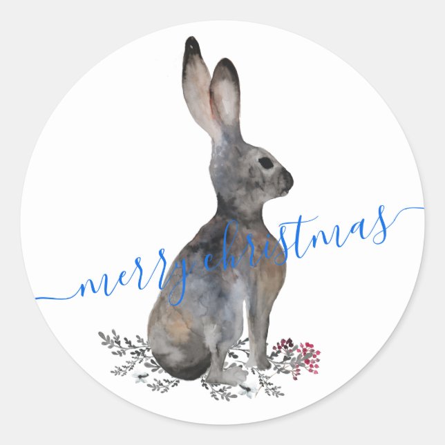 Hare Rabbit Merry Christmas Classic Round Sticker (Front)