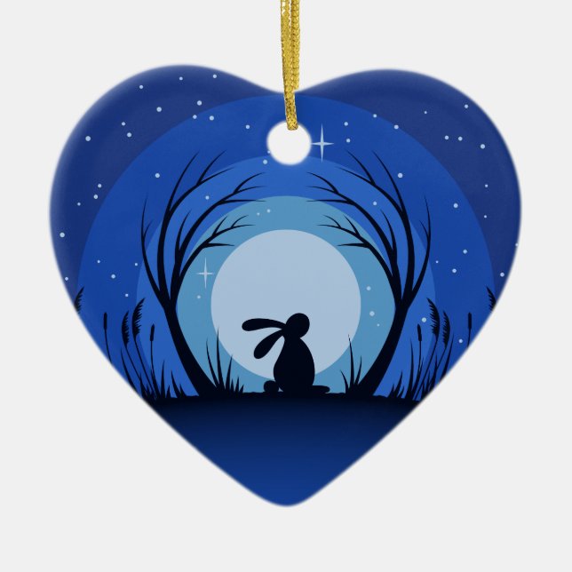 Hare, Rabbit, Moonlight Silhouette Ceramic Tree Decoration (Front)