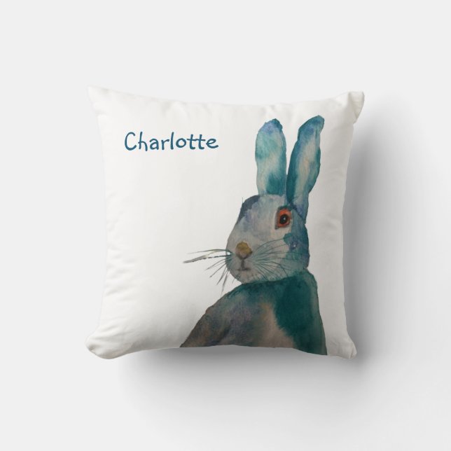 Hare Rabbit Watercolour Blue  Personalised  Cushion (Front)