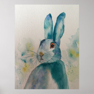 Hare Rabbit Watercolour Blue Poster