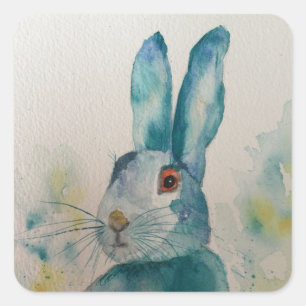 Hare Rabbit Watercolour Blue Square Sticker