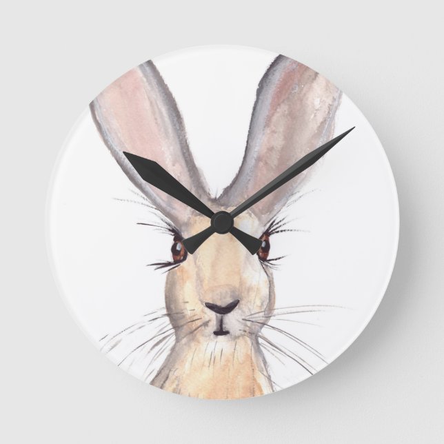 Hare watercolor rabbit cute bunny nursery beige round clock (Front)