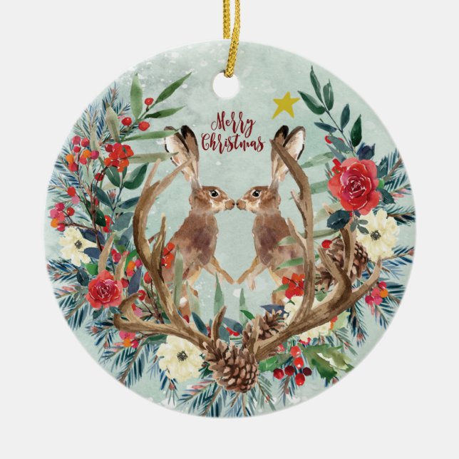 hares christmas ornament winter floral decoration (Front)