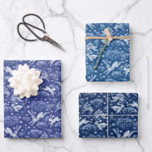 Hares Field Bunnies Rabbits Pattern Blue White Wrapping Paper Sheet