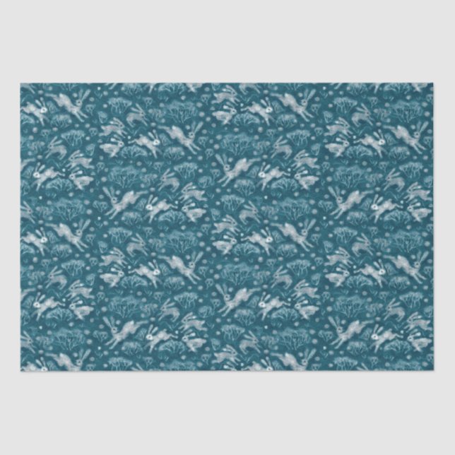 Hares Field Bunnies Rabbits Winter Pattern Teal Tissue Paper (Front)