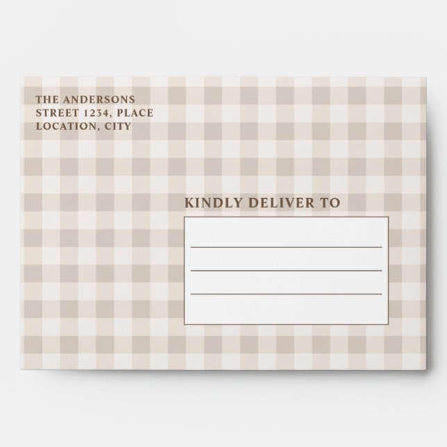 Hares In Love On Beige Gingham Rustic Wedding Envelope (Front)