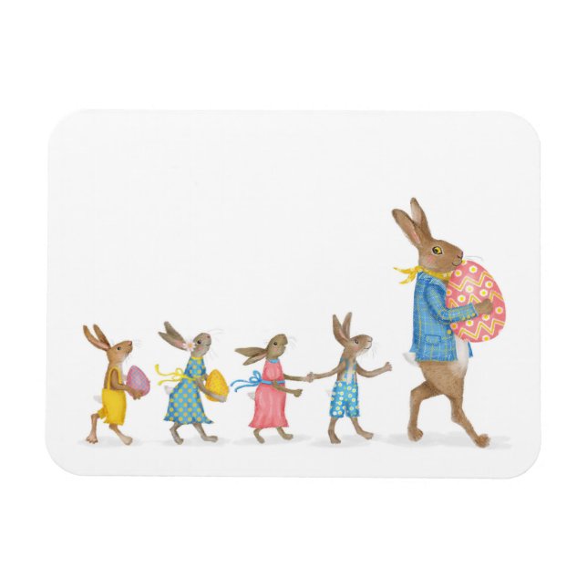 Hares on an Easter egg hunt fridge magnet (Horizontal)