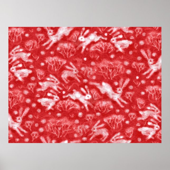 Hares Snow Field White Rabbits Winter Animals Red  Poster (Front)