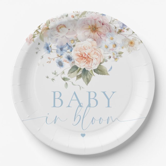 Hargove Blue Floral Baby In Bloom Baby Shower Paper Plate (Front)