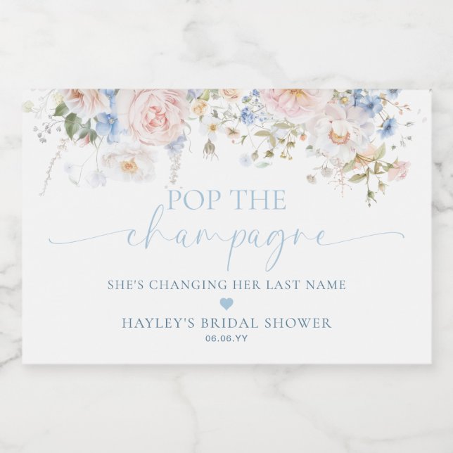 Hargrove Blue Floral Pop The Champagne Shower Sparkling Wine Label (Single Label)