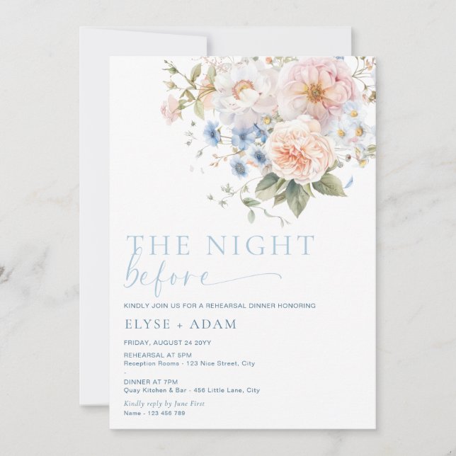 Hargrove Blue Floral Rehearsal Dinner Invitation (Front)