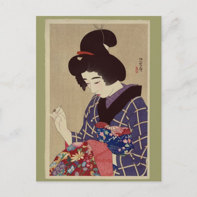 "Hari shigoto" (Sewing) by Itō Shinsui Postcard (Front)