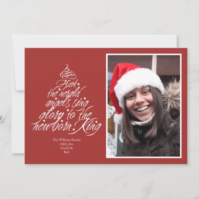 Hark the Christmas carol lyric tree photo red Holiday Card (Front)