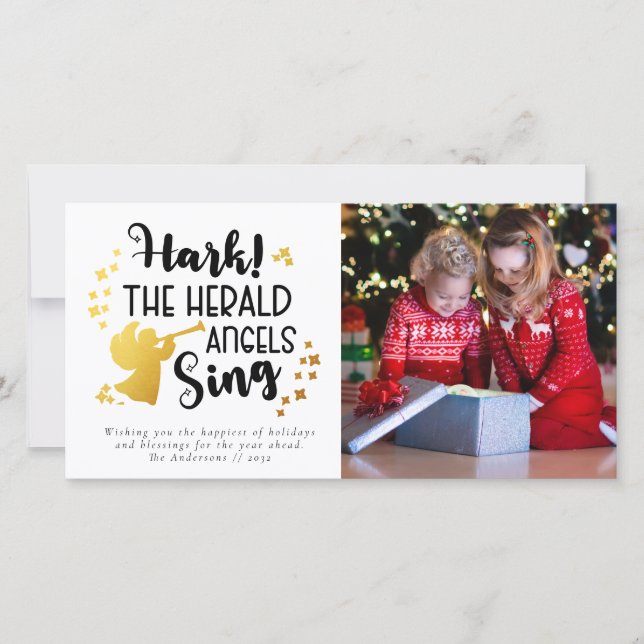 Hark the Herald Angels Sing Gold Foil Photo Holiday Card (Front)