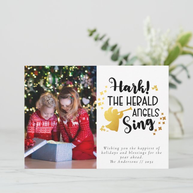 Hark the Herald Angels Sing Gold Foil Photo Holiday Card (Standing Front)