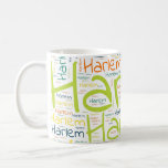Harlem Coffee Mug<br><div class="desc">Harlem. Show and wear this popular beautiful male first name designed as colourful wordcloud made of horizontal and vertical cursive hand lettering typography in different sizes and adorable fresh colours. Wear your positive american name or show the world whom you love or adore. Merch with this soft text artwork is...</div>