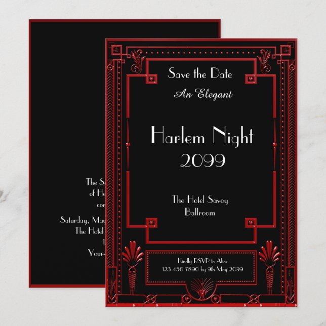 HARLEM Night, Black, RED, White,Geometric,Art Deco Invitation (Front/Back)