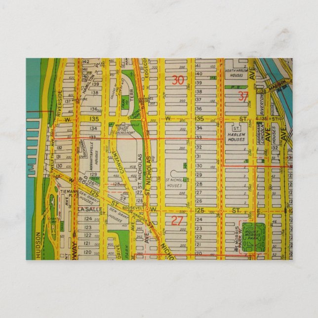 Harlem, NY Vintage Map Postcard (Front)