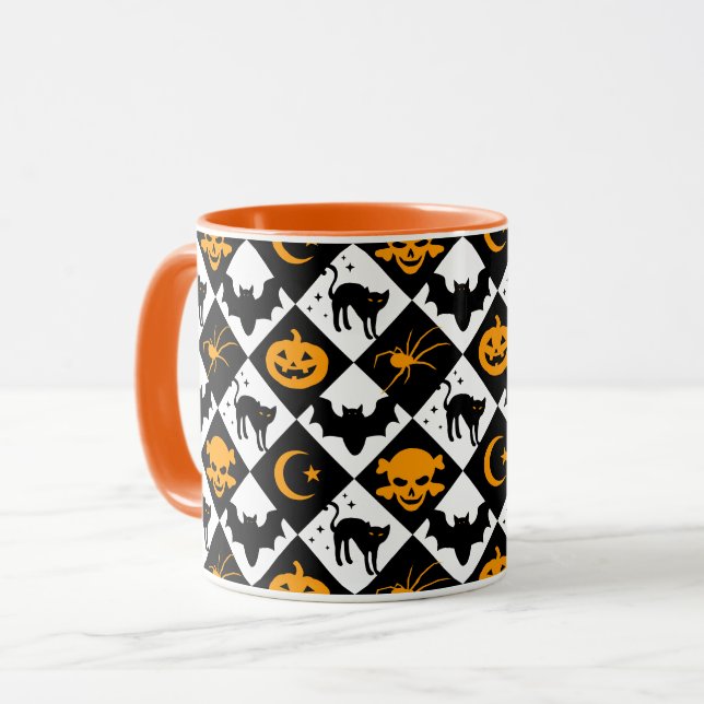 Harlequin Black and White Diamond Pattern Mug (Front Left)