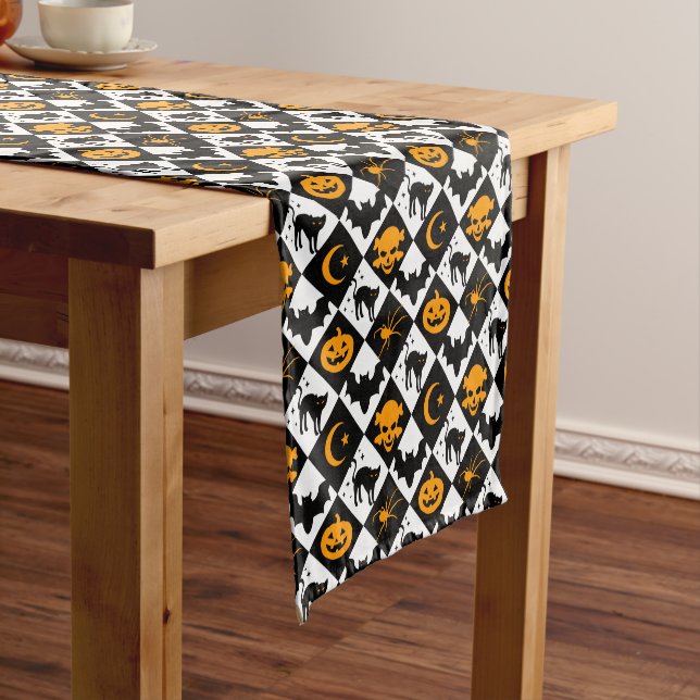 Harlequin Black and White Diamond Pattern Short Table Runner (In Situ)