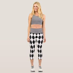 Harlequin Black White Rhombus Diamond Shape Capri Leggings