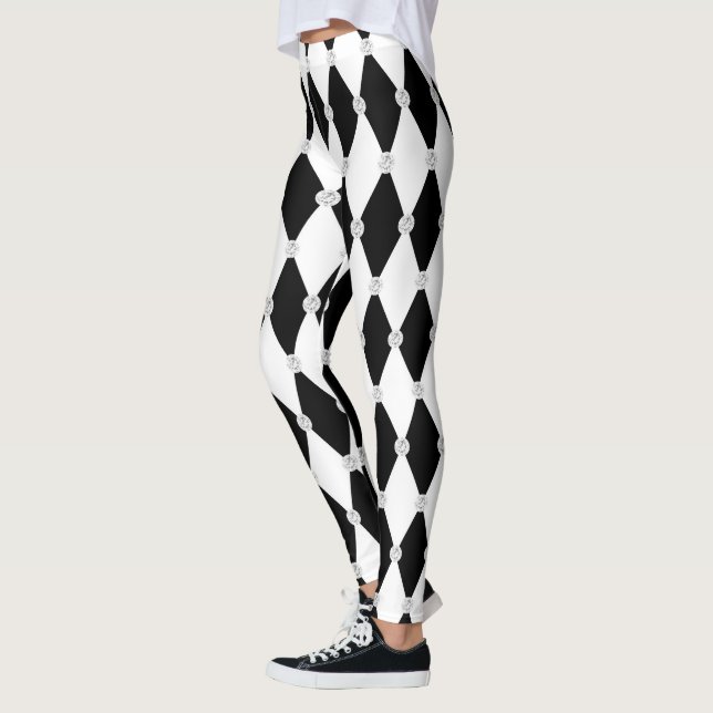 Harlequin Black White Rhombus Diamond Shape Leggings (Left)