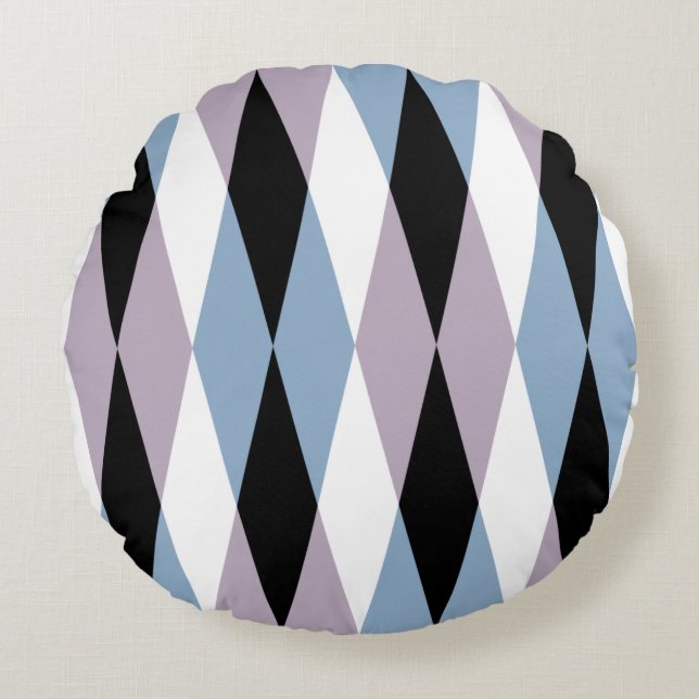 Harlequin Diamond Pattern - Blue and Dusty Lilac Round Cushion (Front)