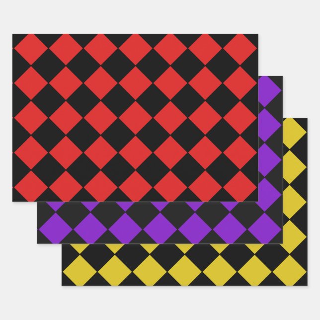 Harlequin Diamond Pattern in Red Purple and Yellow Wrapping Paper Sheet (Set)