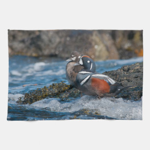 Harlequin Duck in ocean surf Tea Towel