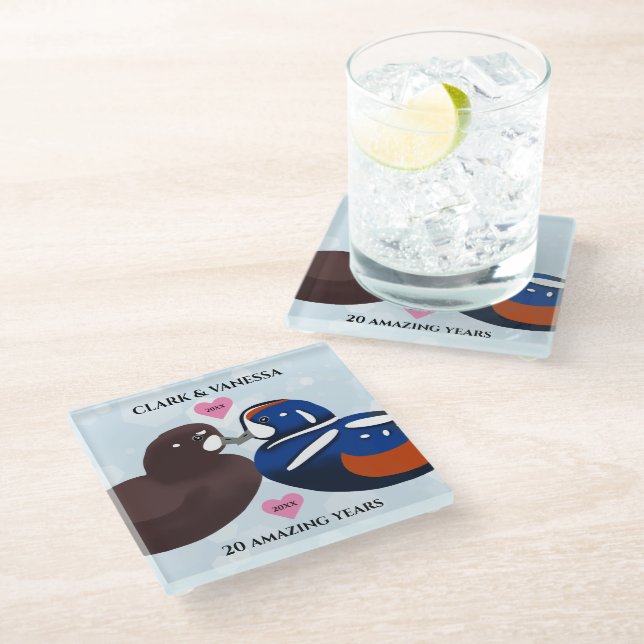 Harlequin Ducks Lovebirds Any Year Anniversary Glass Coaster (Angled)