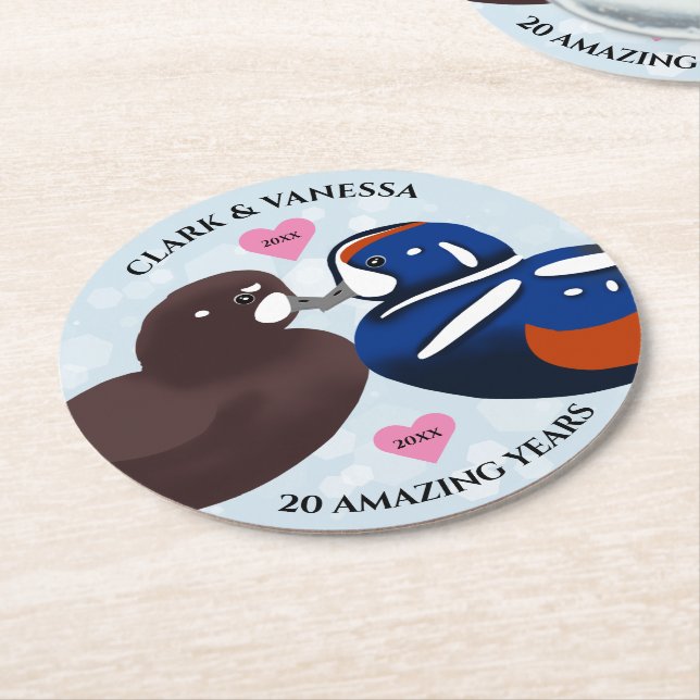 Harlequin Ducks Lovebirds Any Year Anniversary Round Paper Coaster (Angled)