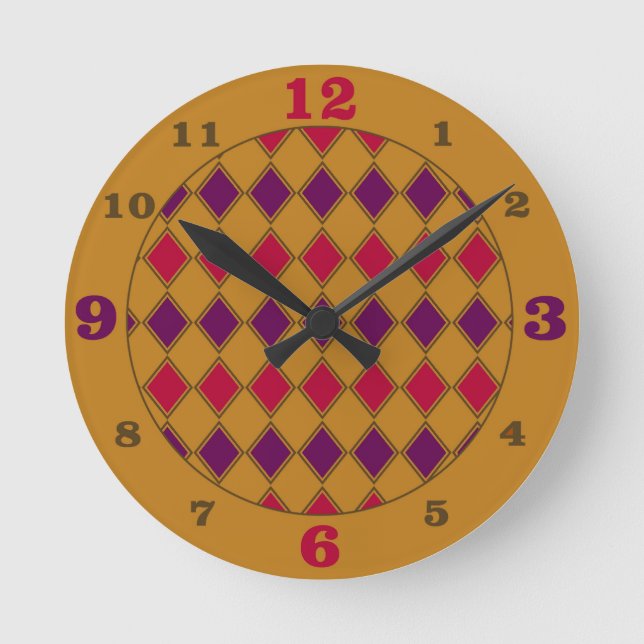 Harlequin Gold Purple & Coral Round Clock (Front)